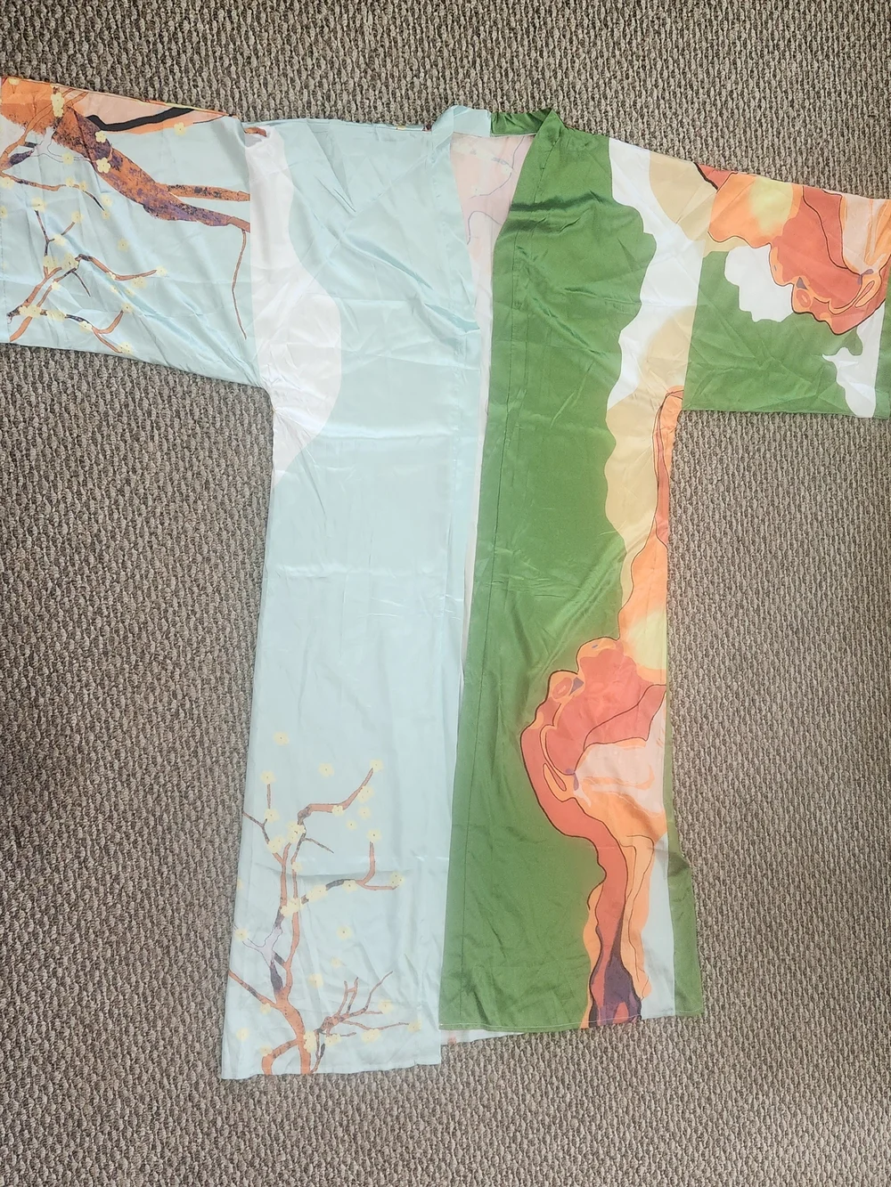 Silky Floral Kimono Coat in Sage Green and Orange